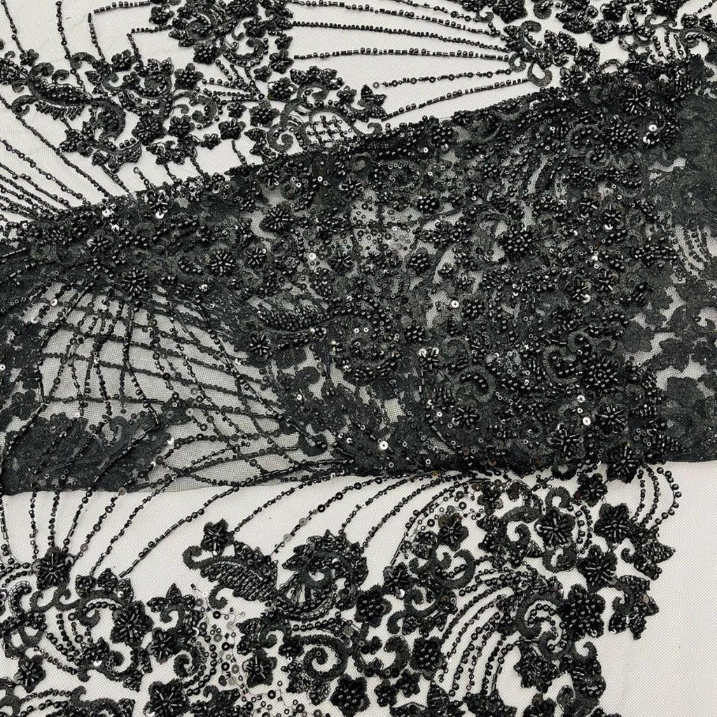 Luxury Lace - Black - 3D Beaded Design with Embroidered Sequins and Beads On a Mesh Lace Fabric for Prom Dress By The Yard