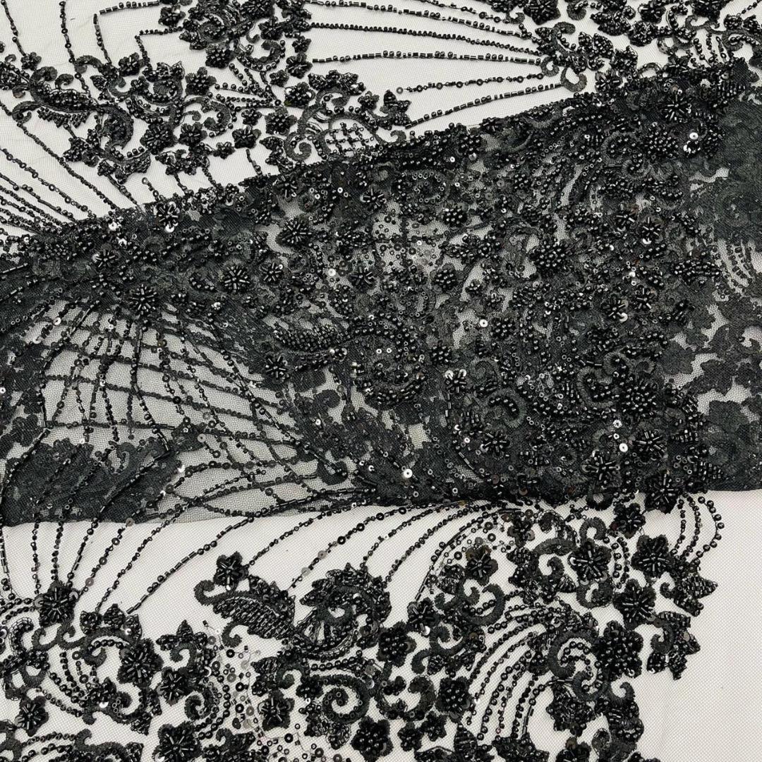 Luxury Lace - Black - 3D Beaded Design with Embroidered Sequins and Beads On a Mesh Lace Fabric for Prom Dress By The Yard