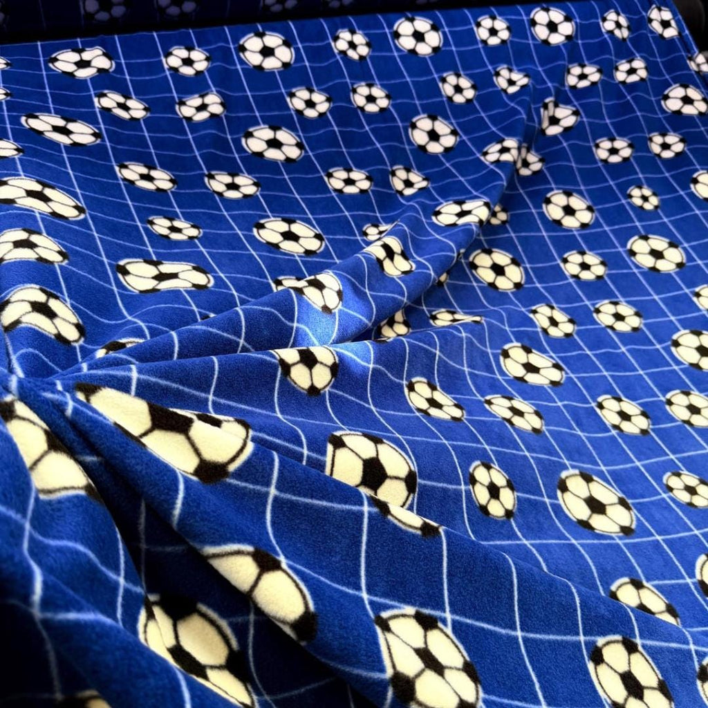 ROYAL BLUE - Soccer Print - Anti Pill Theme Fleece Fabric, 60” Inches Wide – Sold By The Yard
