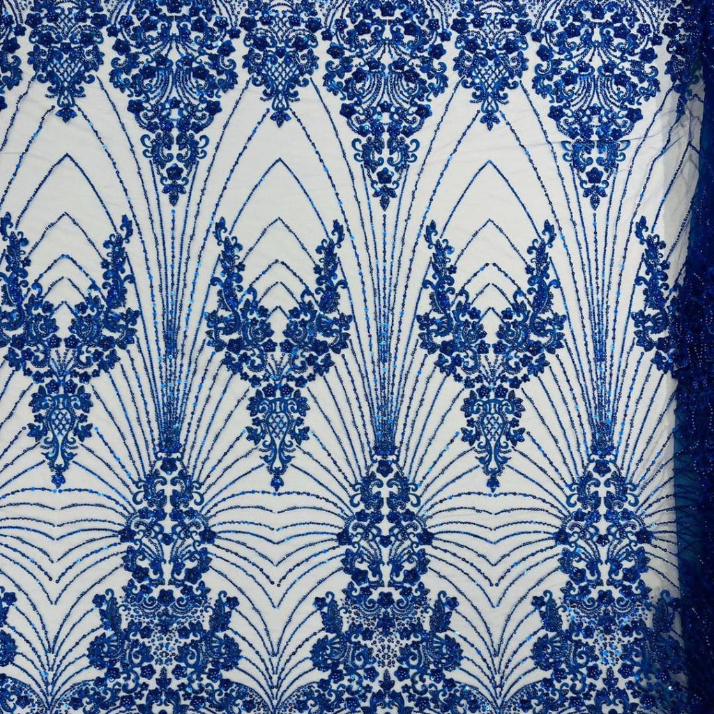 Luxury Lace - Royal Blue - 3D Beaded Design with Embroidered Sequins and Beads On a Mesh Lace Fabric for Prom Dress By The Yard