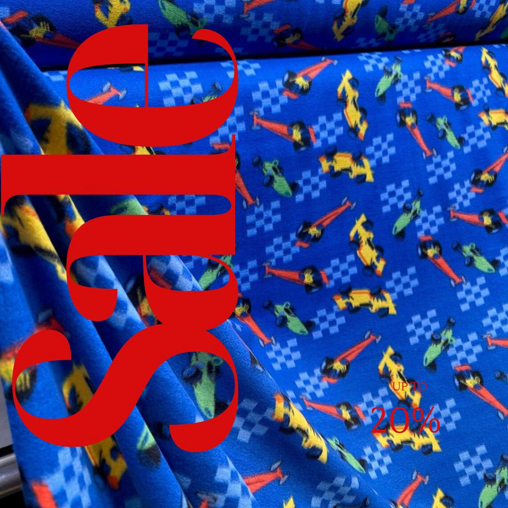 Race Cars Royal Blue Print - Anti Pill Theme Fleece Fabric, 60” Inches Wide – Sold By The Yard
