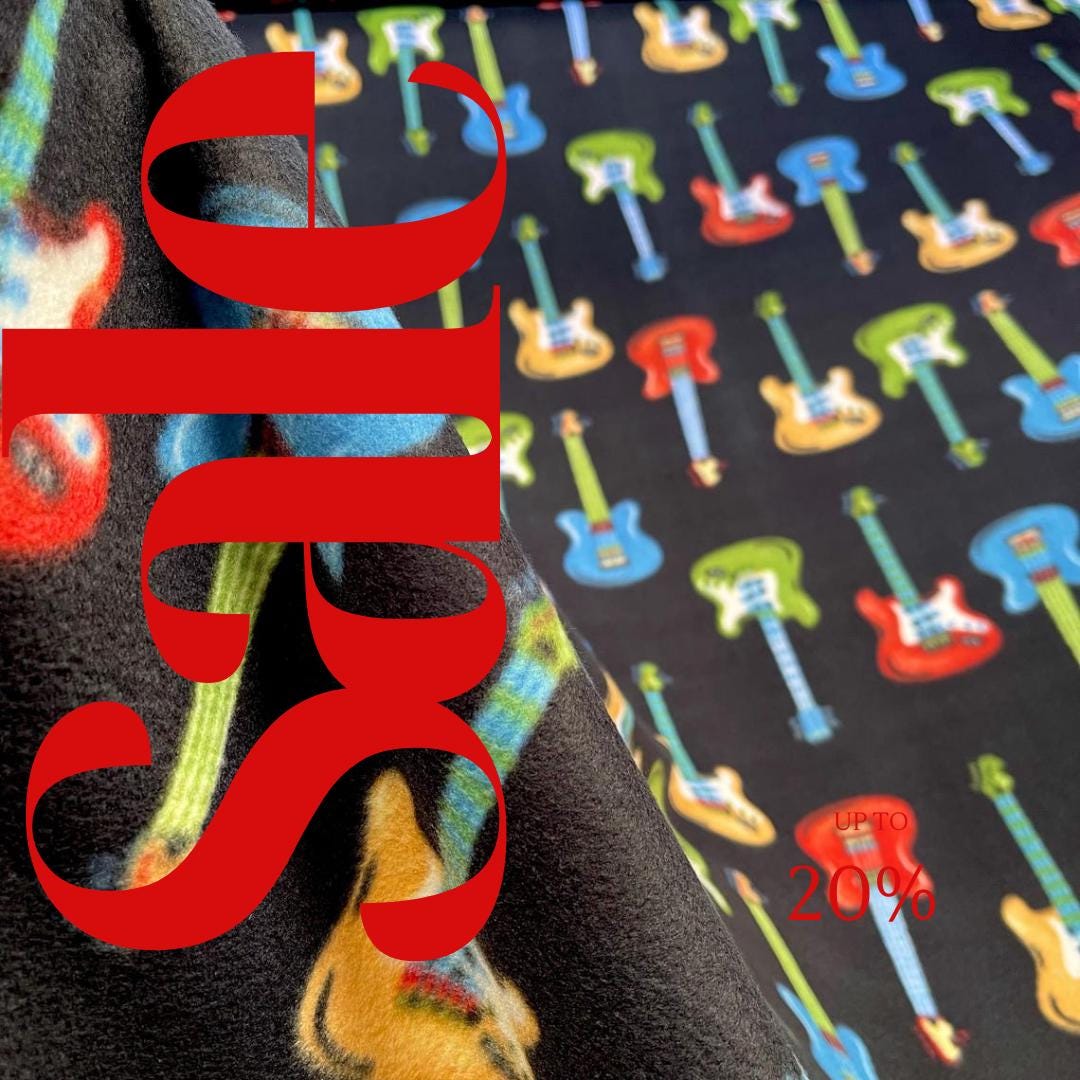 Multicolored Guitar with Black Background - Anti Pill Theme Fleece Fabric, 60” Inches Wide – Sold By The Yard