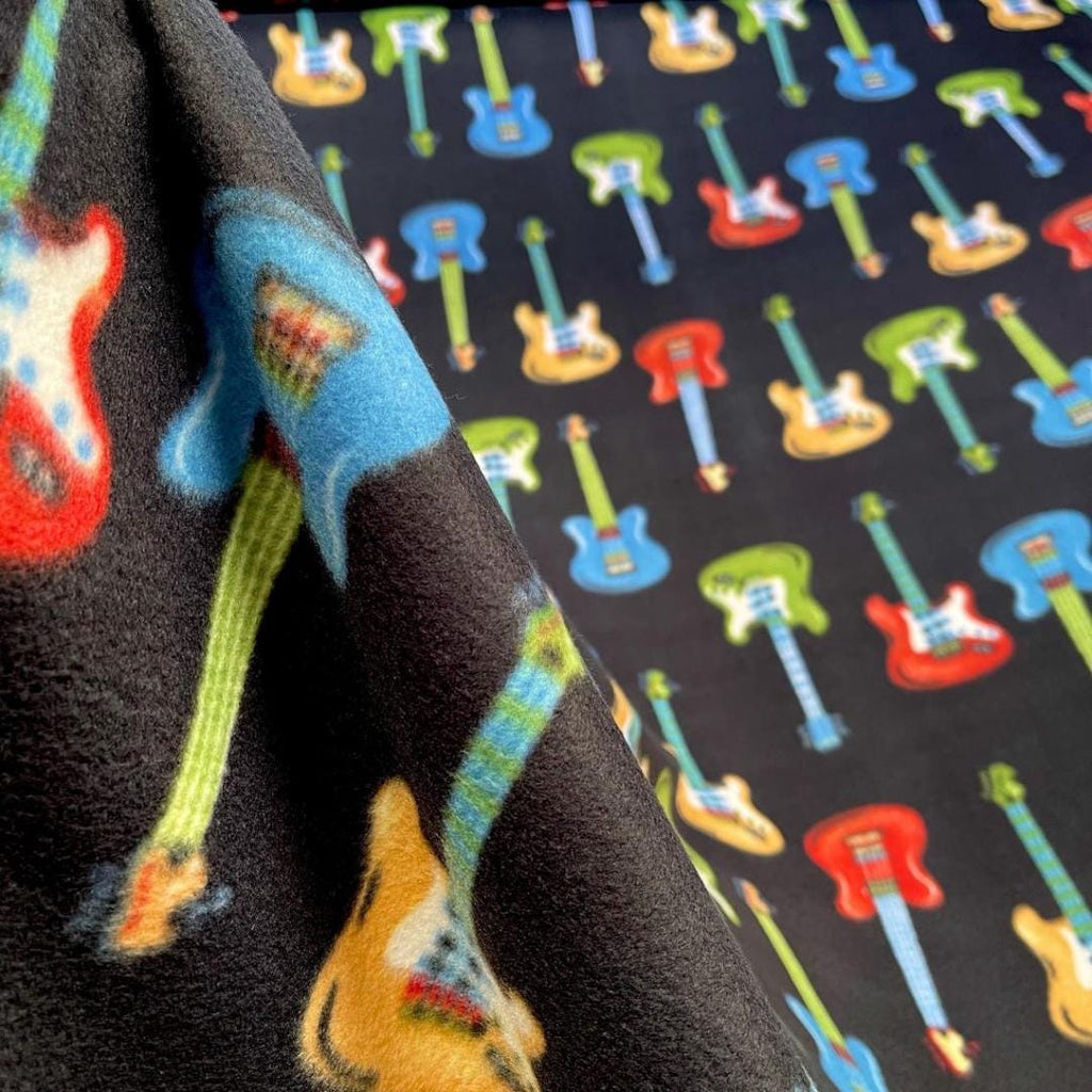 Multicolored Guitar with Black Background - Anti Pill Theme Fleece Fabric, 60” Inches Wide – Sold By The Yard