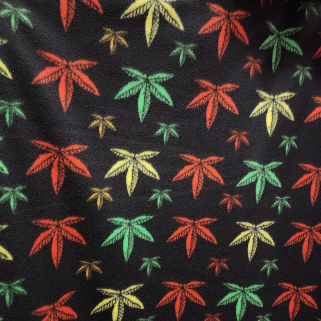 Multi Color Marijuana Leaf Print - Anti Pill Theme Fleece Fabric, 60” Inches Wide – Sold By The Yard Black