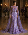 Luxury Lace - Lavender - 3D Beaded Design with Embroidered Sequins and Beads On a Mesh Lace Fabric for Prom Dress By The Yard