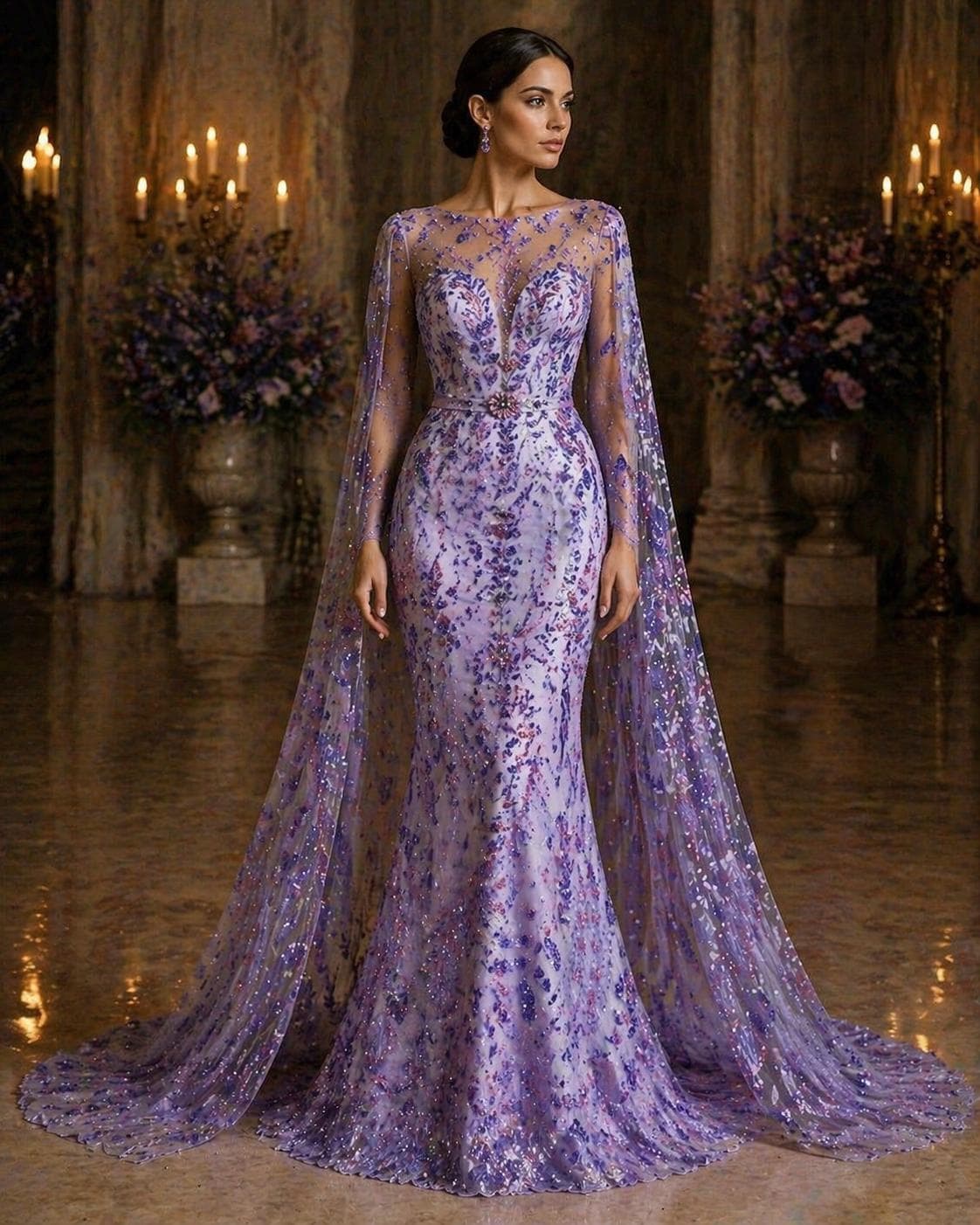 Luxury Lace - Lavender - 3D Beaded Design with Embroidered Sequins and Beads On a Mesh Lace Fabric for Prom Dress By The Yard