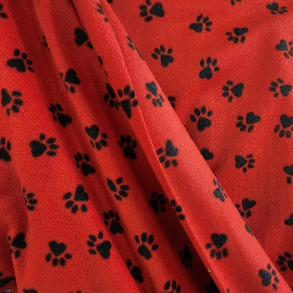 Red Fleece Paws Black Print  - Anti Pill Theme Fleece Fabric, 60” Inches Wide – Sold By The Yard