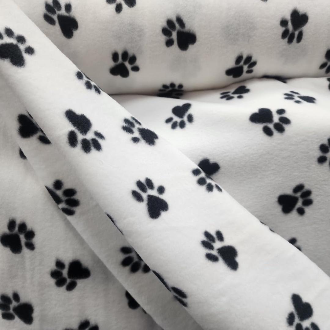 White Fleece Paws Black Print  - Anti Pill Theme Fleece Fabric, 60” Inches Wide – Sold By The Yard