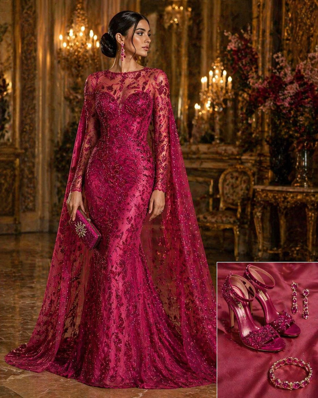 Luxury Lace - Fuchsia - 3D Beaded Design with Embroidered Sequins and Beads On a Mesh Lace Fabric for Prom Dress By The Yard