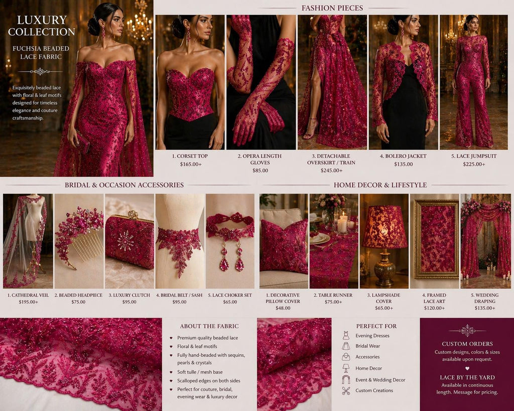 Luxury Lace - Fuchsia - 3D Beaded Design with Embroidered Sequins and Beads On a Mesh Lace Fabric for Prom Dress By The Yard