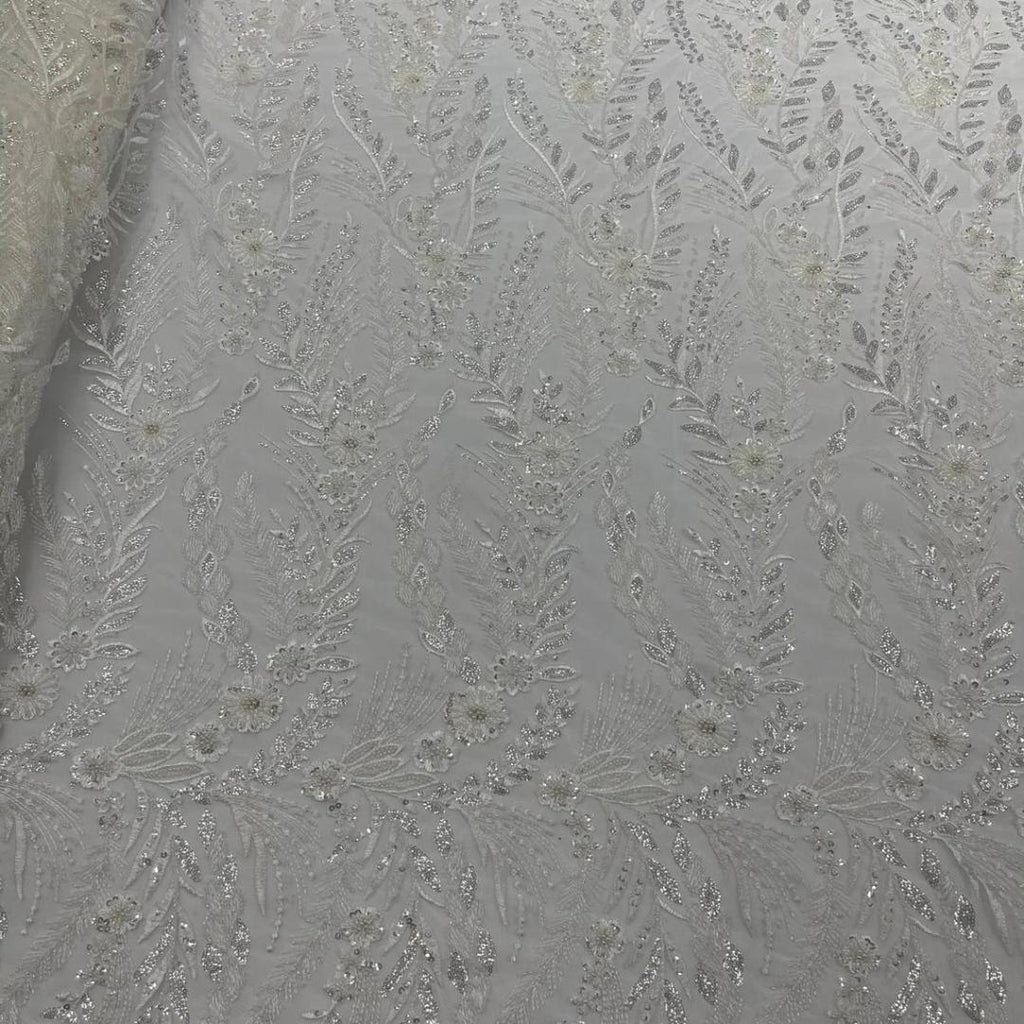 Luxury Lace - Ivory - 3D Beaded Design with Embroidered Sequins and Beads On a Mesh Lace Fabric for Prom Dress By The Yard