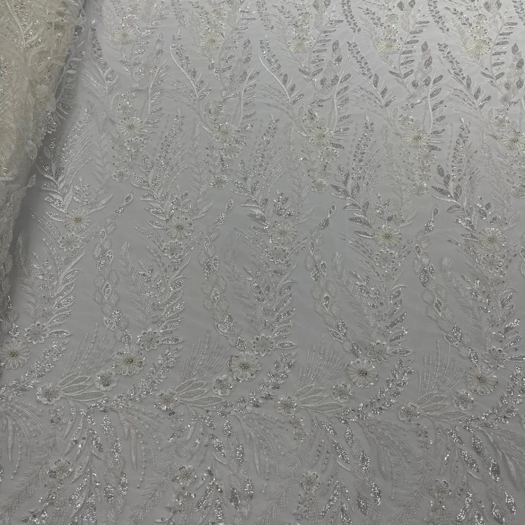 Luxury Lace - Ivory - 3D Beaded Design with Embroidered Sequins and Beads On a Mesh Lace Fabric for Prom Dress By The Yard