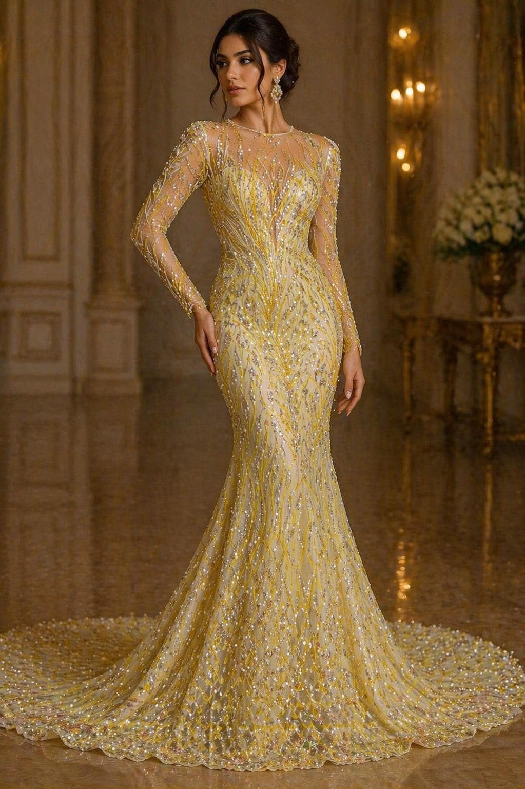 Luxury Lace - Yellow - 3D Beaded Design with Embroidered Sequins and Beads On a Mesh Lace Fabric for Prom Dress By The Yard