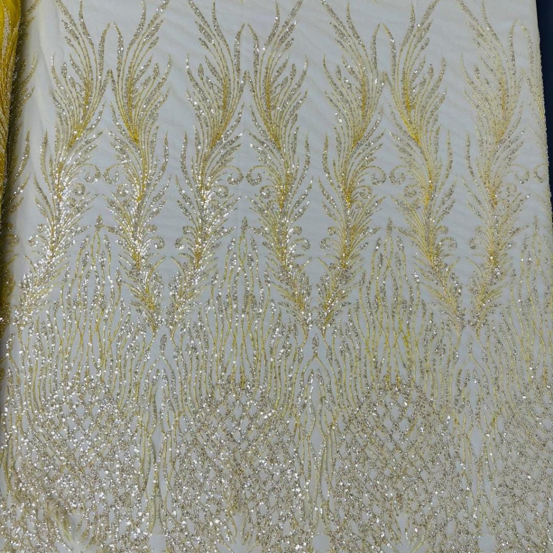 Luxury Lace - Yellow - 3D Beaded Design with Embroidered Sequins and Beads On a Mesh Lace Fabric for Prom Dress By The Yard