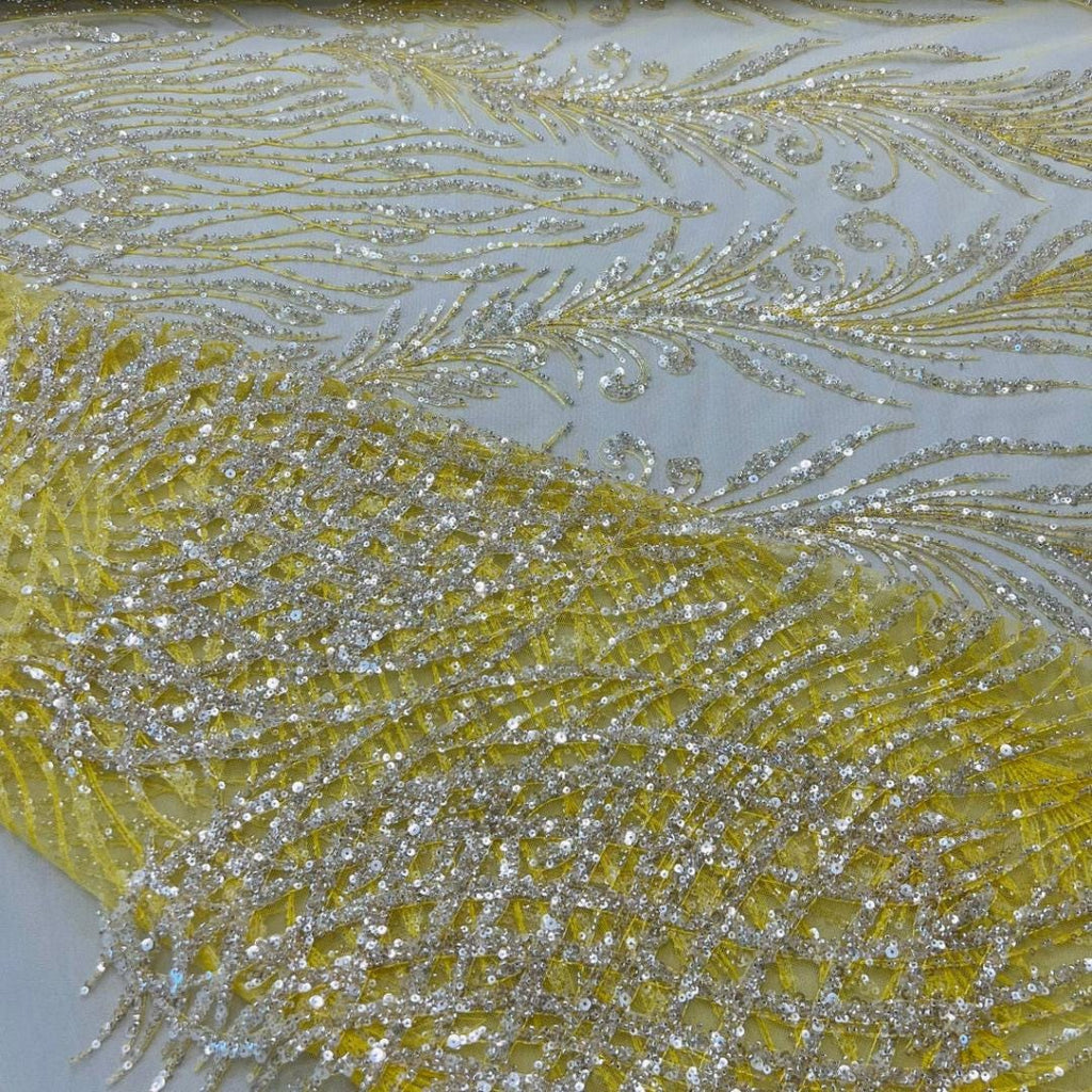 Luxury Lace - Yellow - 3D Beaded Design with Embroidered Sequins and Beads On a Mesh Lace Fabric for Prom Dress By The Yard