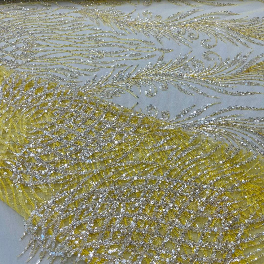 Luxury Lace - Yellow - 3D Beaded Design with Embroidered Sequins and Beads On a Mesh Lace Fabric for Prom Dress By The Yard