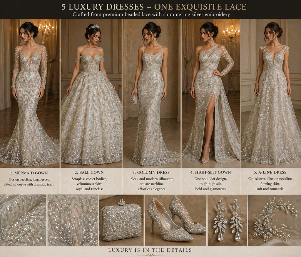 Luxury Lace - Silver - 3D Beaded Design with Embroidered Sequins and Beads On a Mesh Lace Fabric for Prom Dress By The Yard