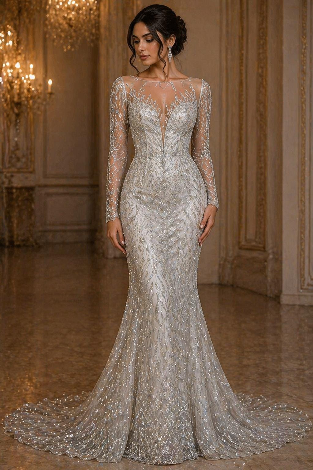 Luxury Lace - Silver - 3D Beaded Design with Embroidered Sequins and Beads On a Mesh Lace Fabric for Prom Dress By The Yard