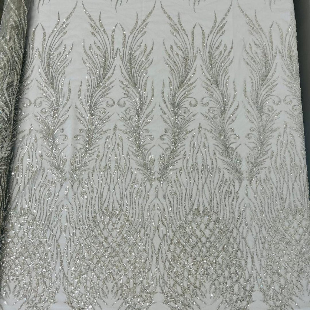 Luxury Lace - Silver - 3D Beaded Design with Embroidered Sequins and Beads On a Mesh Lace Fabric for Prom Dress By The Yard