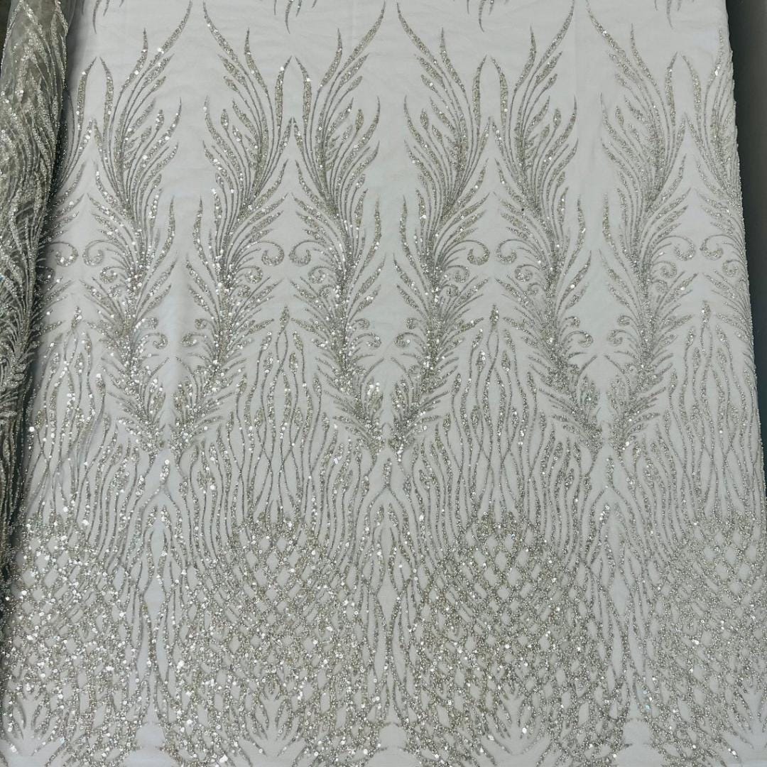 Luxury Lace - Silver - 3D Beaded Design with Embroidered Sequins and Beads On a Mesh Lace Fabric for Prom Dress By The Yard