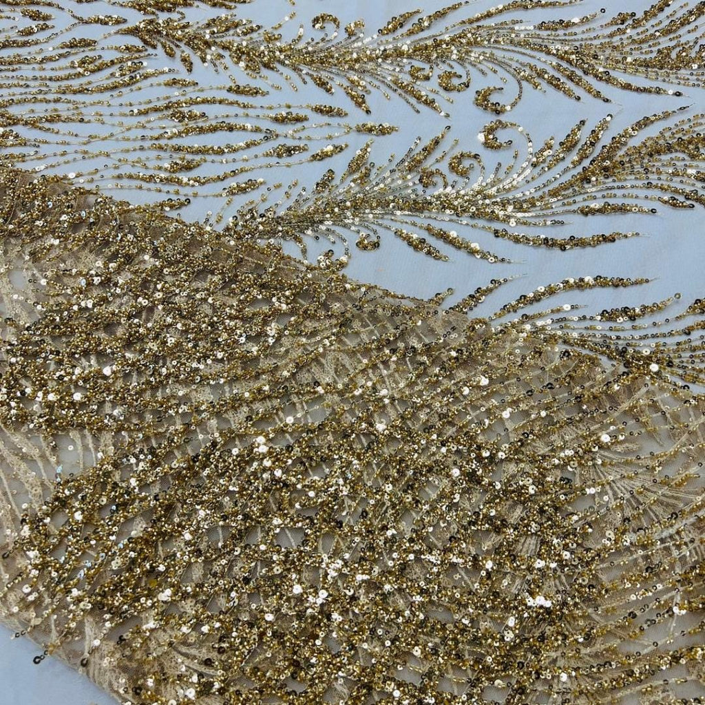 Luxury Lace - Champagne - 3D Beaded Design with Embroidered Sequins and Beads On a Mesh Lace Fabric for Prom Dress By The Yard