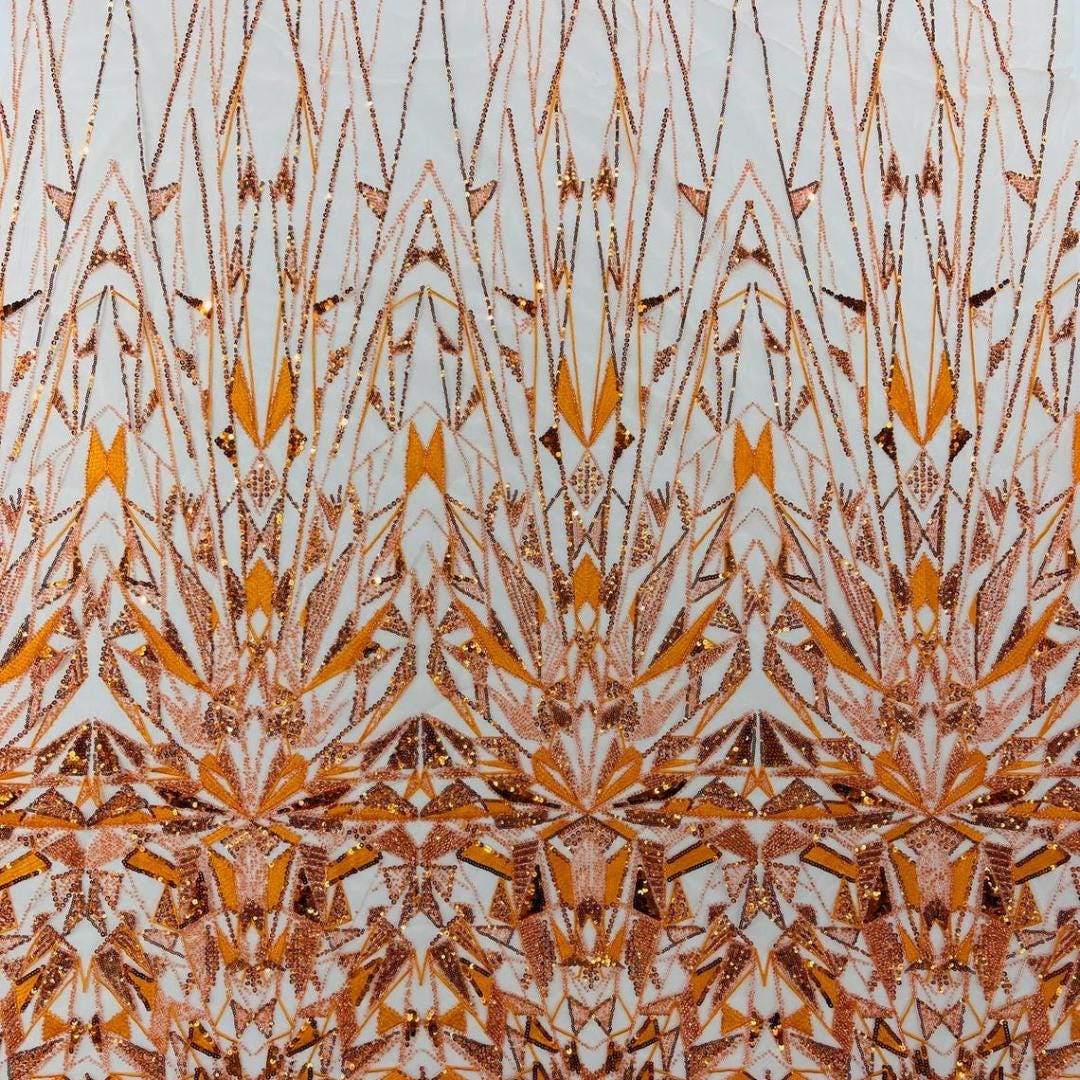 Luxury Geometric Lace - Orange - 3D Beaded Design with Embroidered Sequins and Beads On a Mesh Lace Fabric for Prom Dress By The Yard