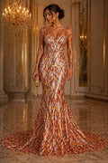 Luxury Geometric Lace - Orange - 3D Beaded Design with Embroidered Sequins and Beads On a Mesh Lace Fabric for Prom Dress By The Yard