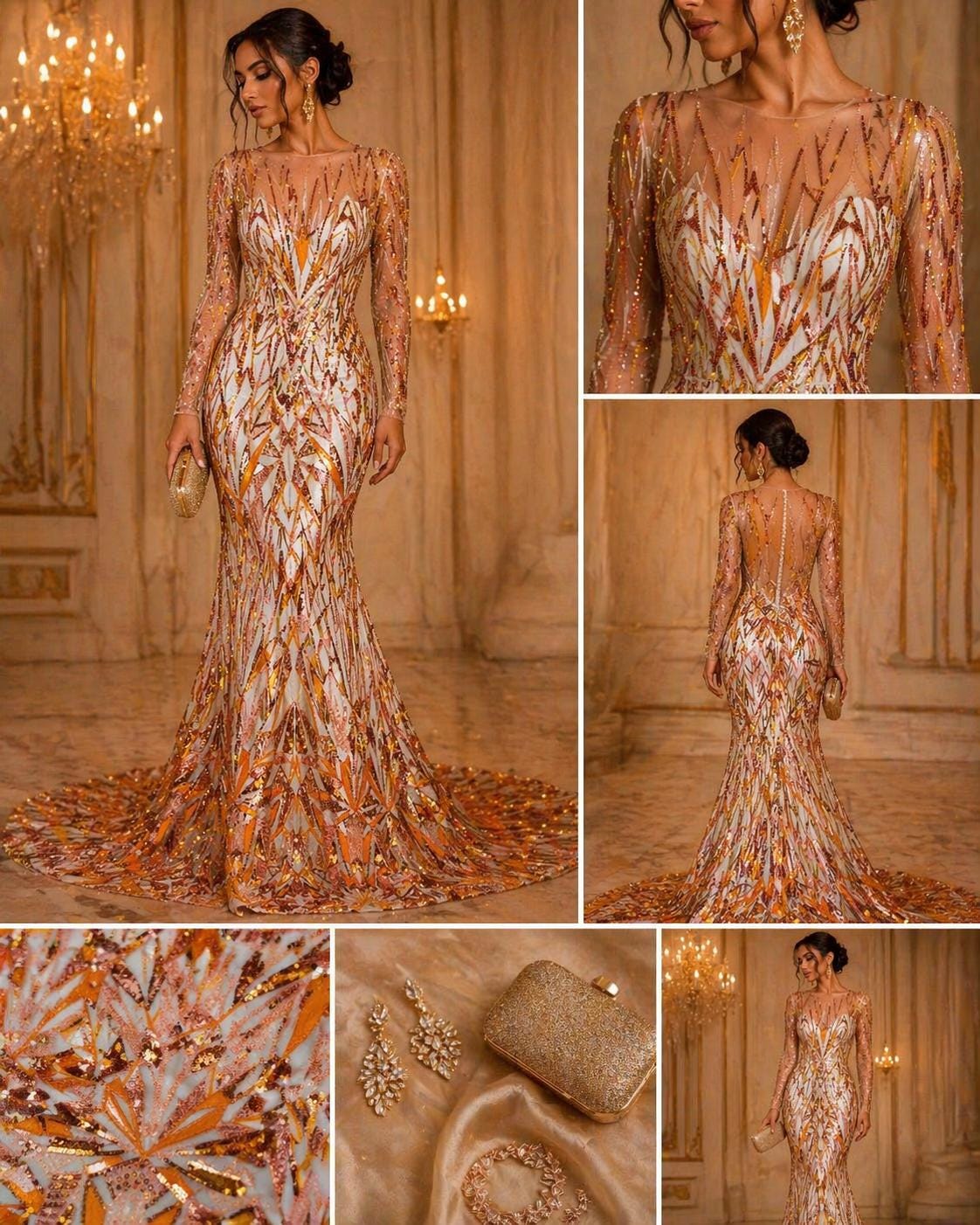 Luxury Geometric Lace - Orange - 3D Beaded Design with Embroidered Sequins and Beads On a Mesh Lace Fabric for Prom Dress By The Yard