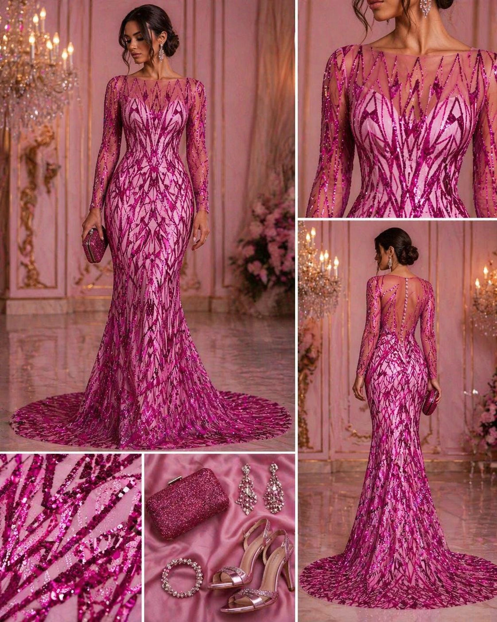 Luxury Geometric Lace - Fuchsia - 3D Beaded Design with Embroidered Sequins and Beads On a Mesh Lace Fabric for Prom Dress By The Yard