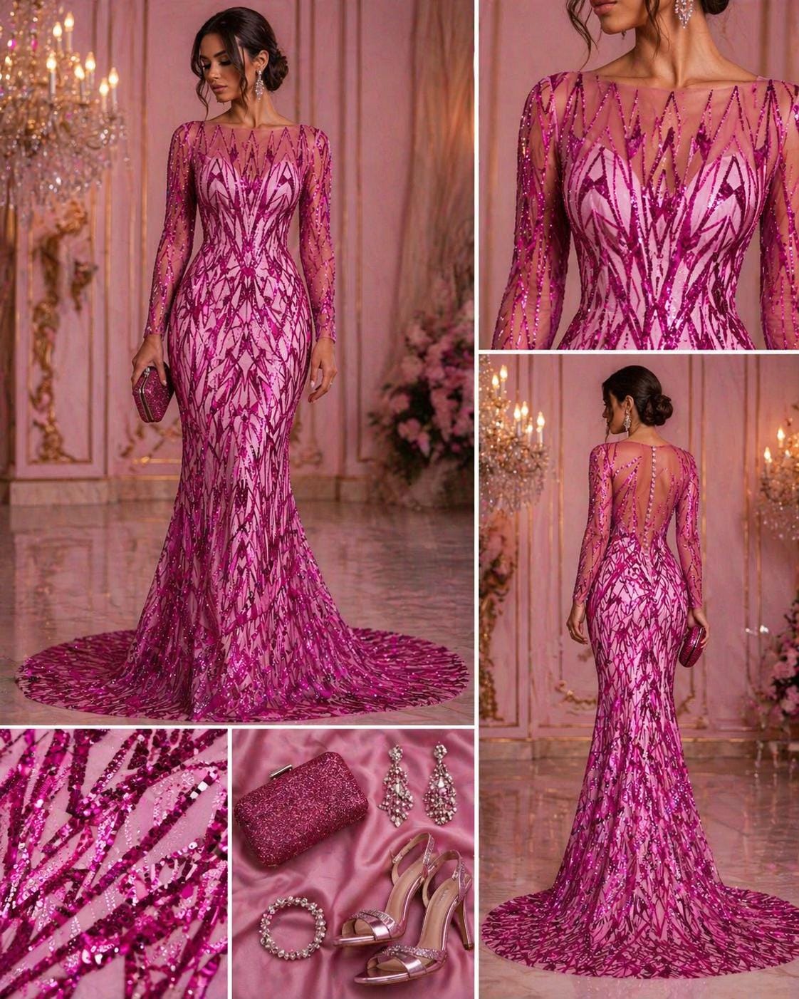 Luxury Geometric Lace - Fuchsia - 3D Beaded Design with Embroidered Sequins and Beads On a Mesh Lace Fabric for Prom Dress By The Yard