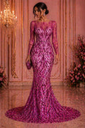 Luxury Geometric Lace - Fuchsia - 3D Beaded Design with Embroidered Sequins and Beads On a Mesh Lace Fabric for Prom Dress By The Yard
