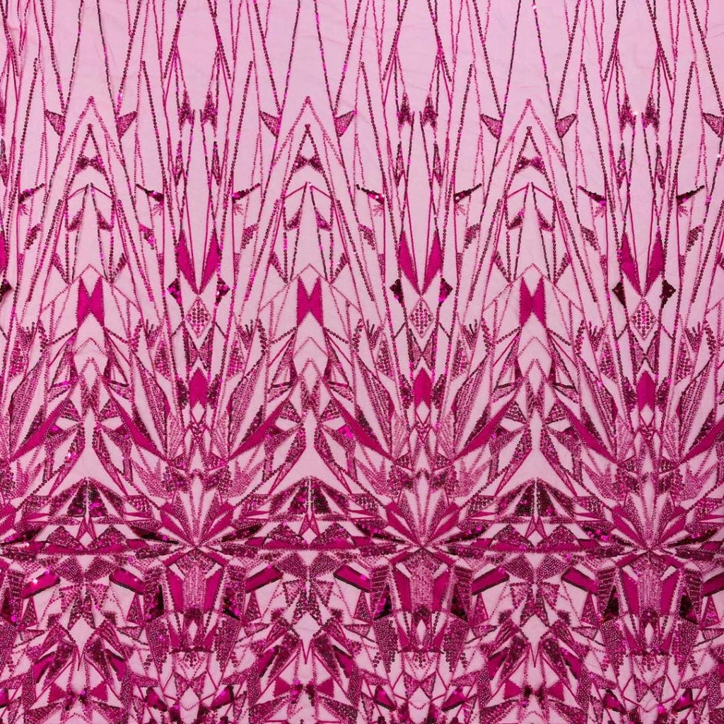 Luxury Geometric Lace - Fuchsia - 3D Beaded Design with Embroidered Sequins and Beads On a Mesh Lace Fabric for Prom Dress By The Yard
