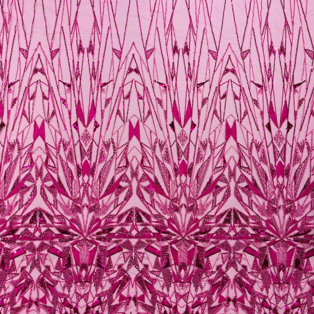 Luxury Geometric Lace - Fuchsia - 3D Beaded Design with Embroidered Sequins and Beads On a Mesh Lace Fabric for Prom Dress By The Yard