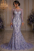 Luxury Geometric Lace - Lavender - 3D Beaded Design with Embroidered Sequins and Beads On a Mesh Lace Fabric for Prom Dress By The Yard