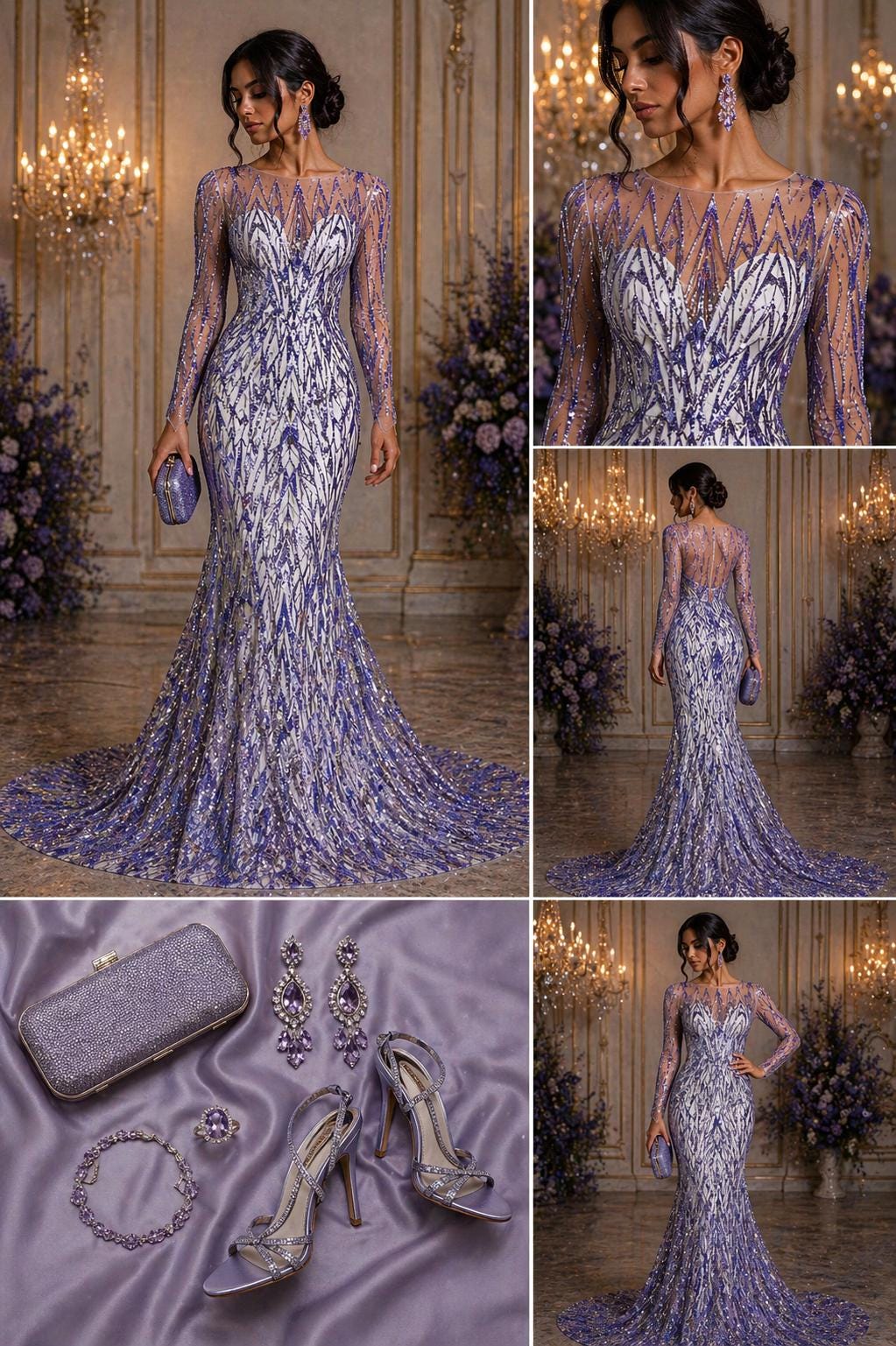 Luxury Geometric Lace - Lavender - 3D Beaded Design with Embroidered Sequins and Beads On a Mesh Lace Fabric for Prom Dress By The Yard