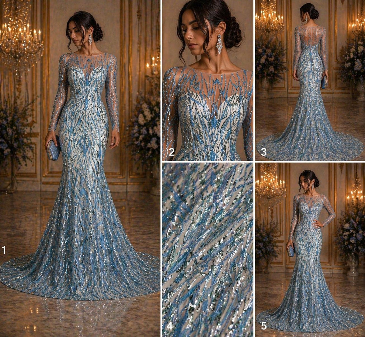 Luxury Geometric Lace - Lt Blue - 3D Beaded Design with Embroidered Sequins and Beads On a Mesh Lace Fabric for Prom Dress By The Yard