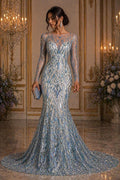 Luxury Geometric Lace - Lt Blue - 3D Beaded Design with Embroidered Sequins and Beads On a Mesh Lace Fabric for Prom Dress By The Yard