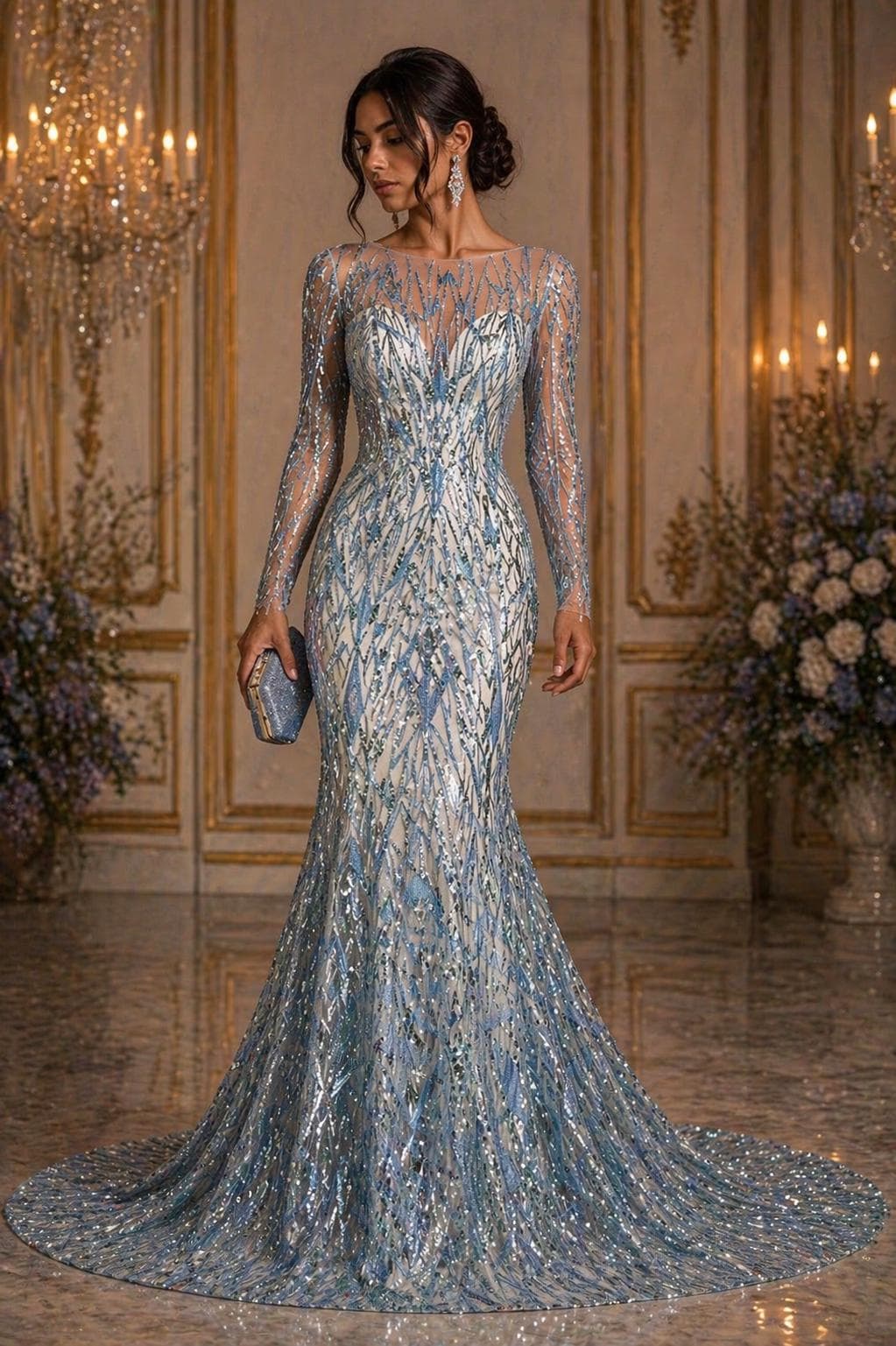 Luxury Geometric Lace - Lt Blue - 3D Beaded Design with Embroidered Sequins and Beads On a Mesh Lace Fabric for Prom Dress By The Yard