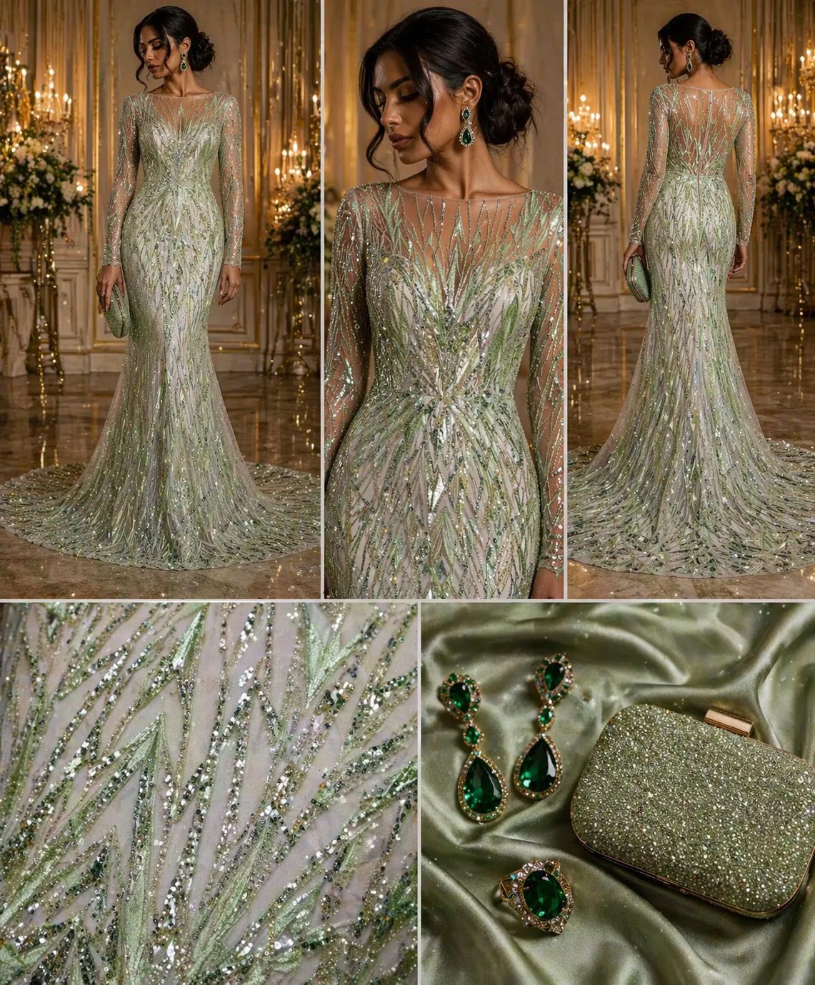 Luxury Geometric Lace - Sage/Mint - 3D Beaded Design with Embroidered Sequins and Beads On a Mesh Lace Fabric for Prom Dress By The Yard