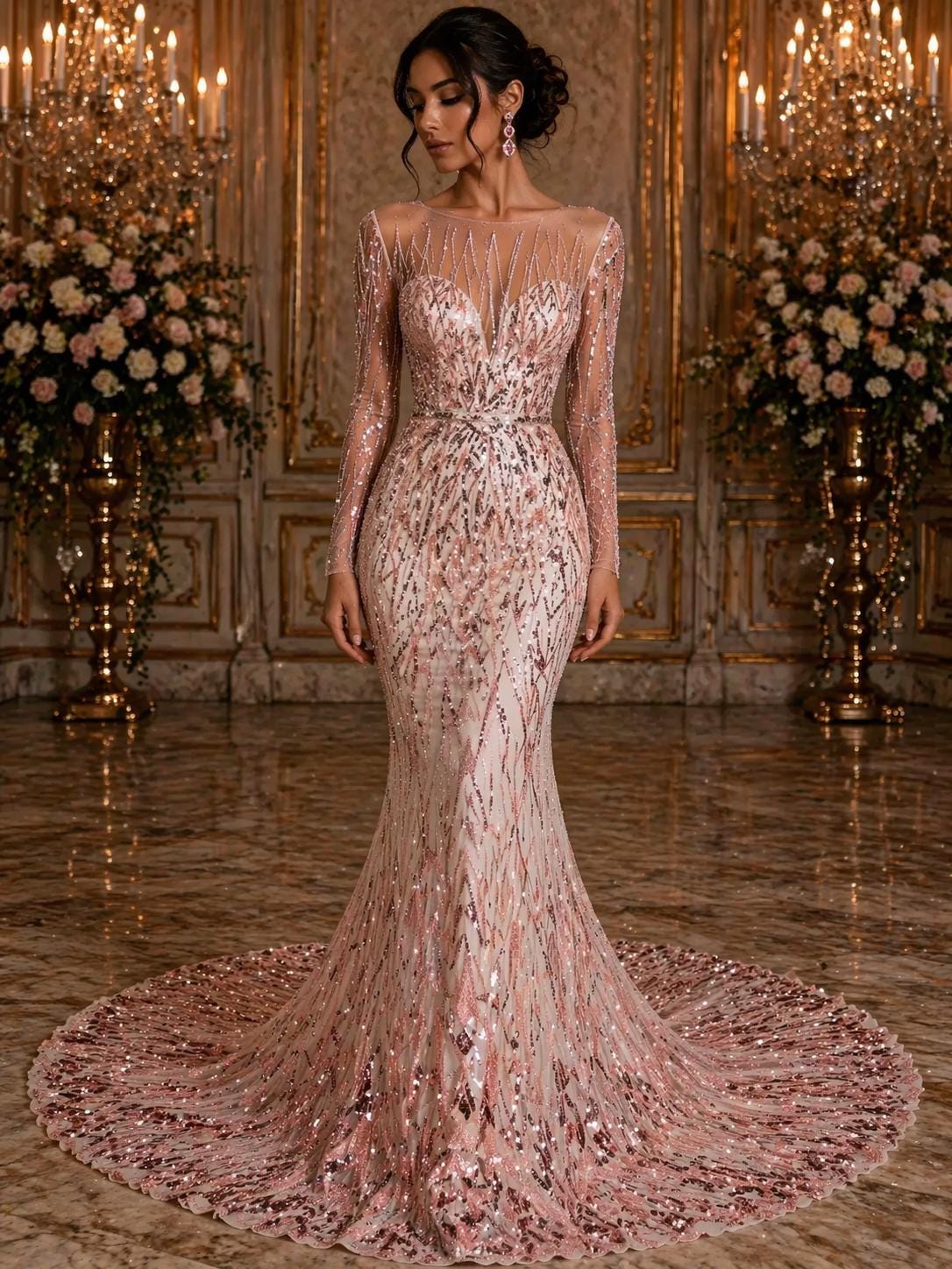 Luxury Geometric Lace - Blush - 3D Beaded Design with Embroidered Sequins and Beads On a Mesh Lace Fabric for Prom Dress By The Yard