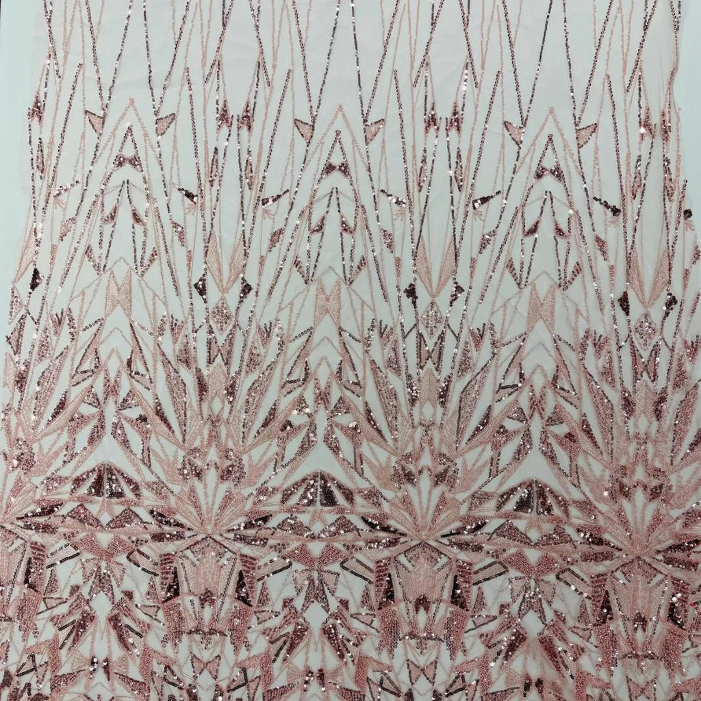 Luxury Geometric Lace - Blush - 3D Beaded Design with Embroidered Sequins and Beads On a Mesh Lace Fabric for Prom Dress By The Yard