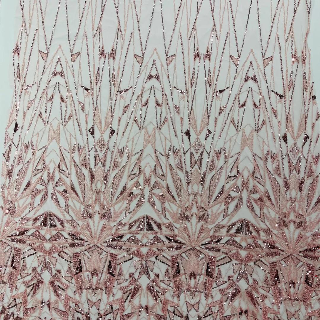 Luxury Geometric Lace - Blush - 3D Beaded Design with Embroidered Sequins and Beads On a Mesh Lace Fabric for Prom Dress By The Yard