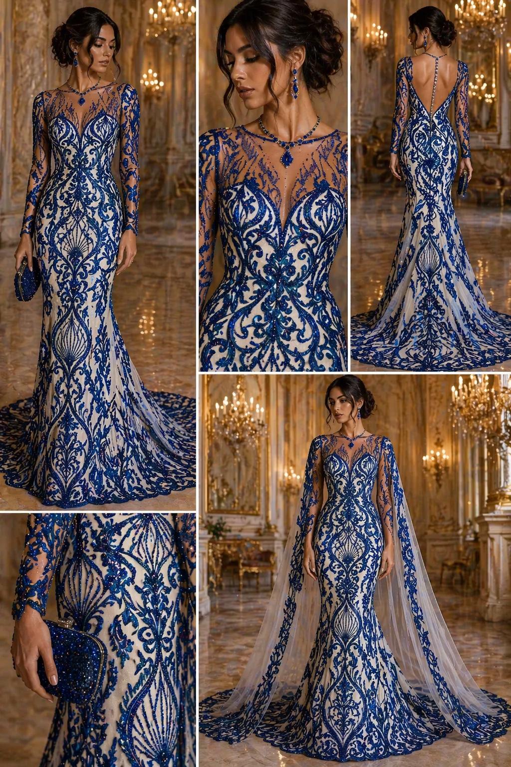 Luxury Heart Lace - Royal Blue - 3D Beaded Design with Embroidered Sequins and Beads On a Mesh Lace Fabric for Prom Dress By The Yard