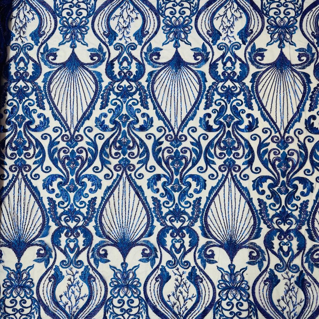 Luxury Heart Lace - Royal Blue - 3D Beaded Design with Embroidered Sequins and Beads On a Mesh Lace Fabric for Prom Dress By The Yard