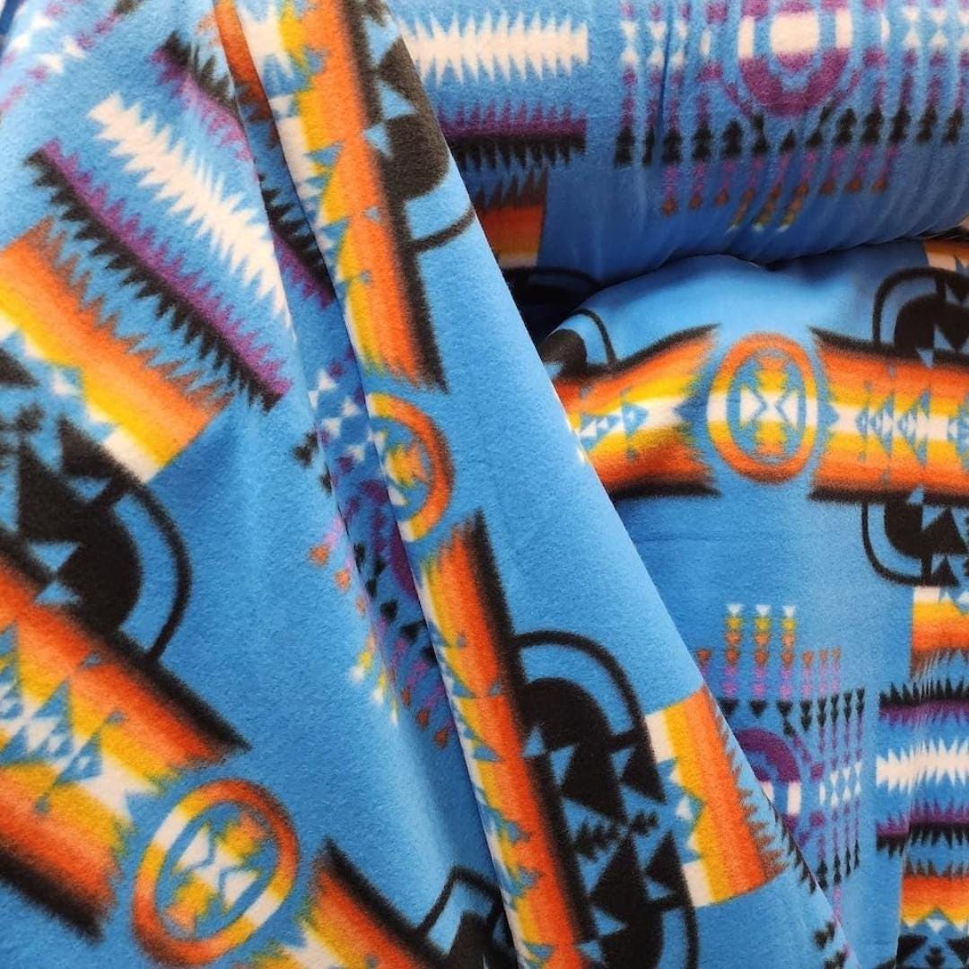 Blue Aztec Print - Anti Pill Theme Fleece Fabric, 60” Inches Wide – Sold By The Yard