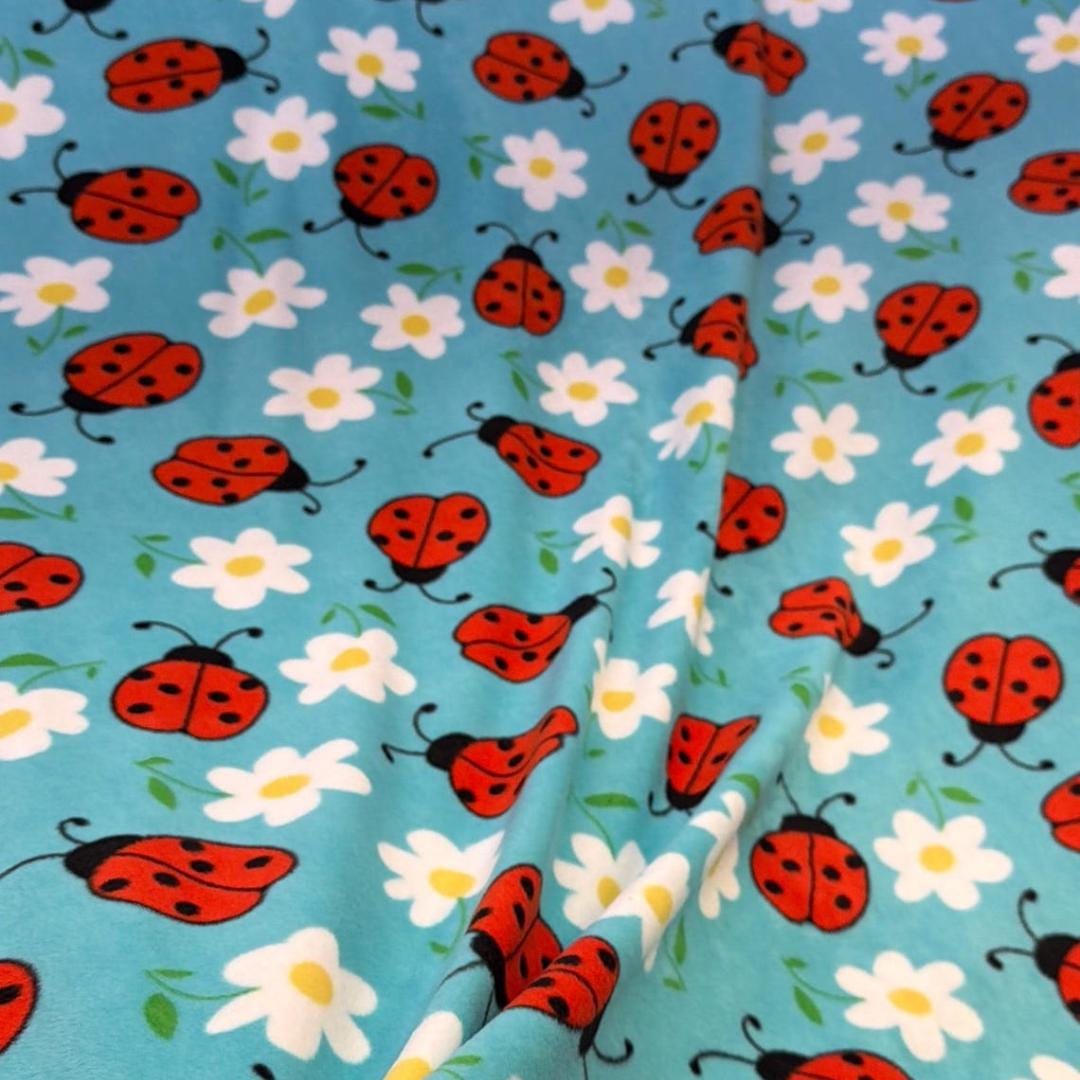 Blue Lady Bug Print - Anti Pill Theme Fleece Fabric, 60” Inches Wide – Sold By The Yard