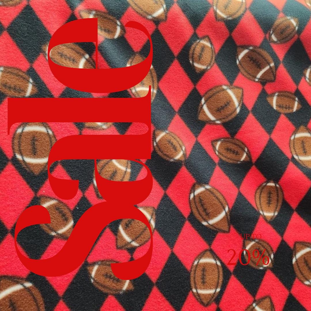Footballs Checkered Diamonds - Anti Pill Theme Fleece Fabric, 60” Inches Wide – Sold By The Yard. Red/Black
