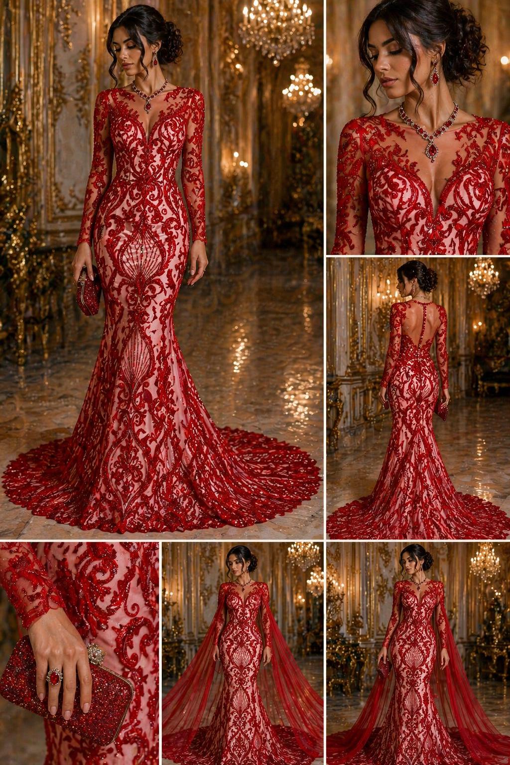 Luxury Heart Lace - Red - 3D Beaded Design with Embroidered Sequins and Beads On a Mesh Lace Fabric for Prom Dress By The Yard