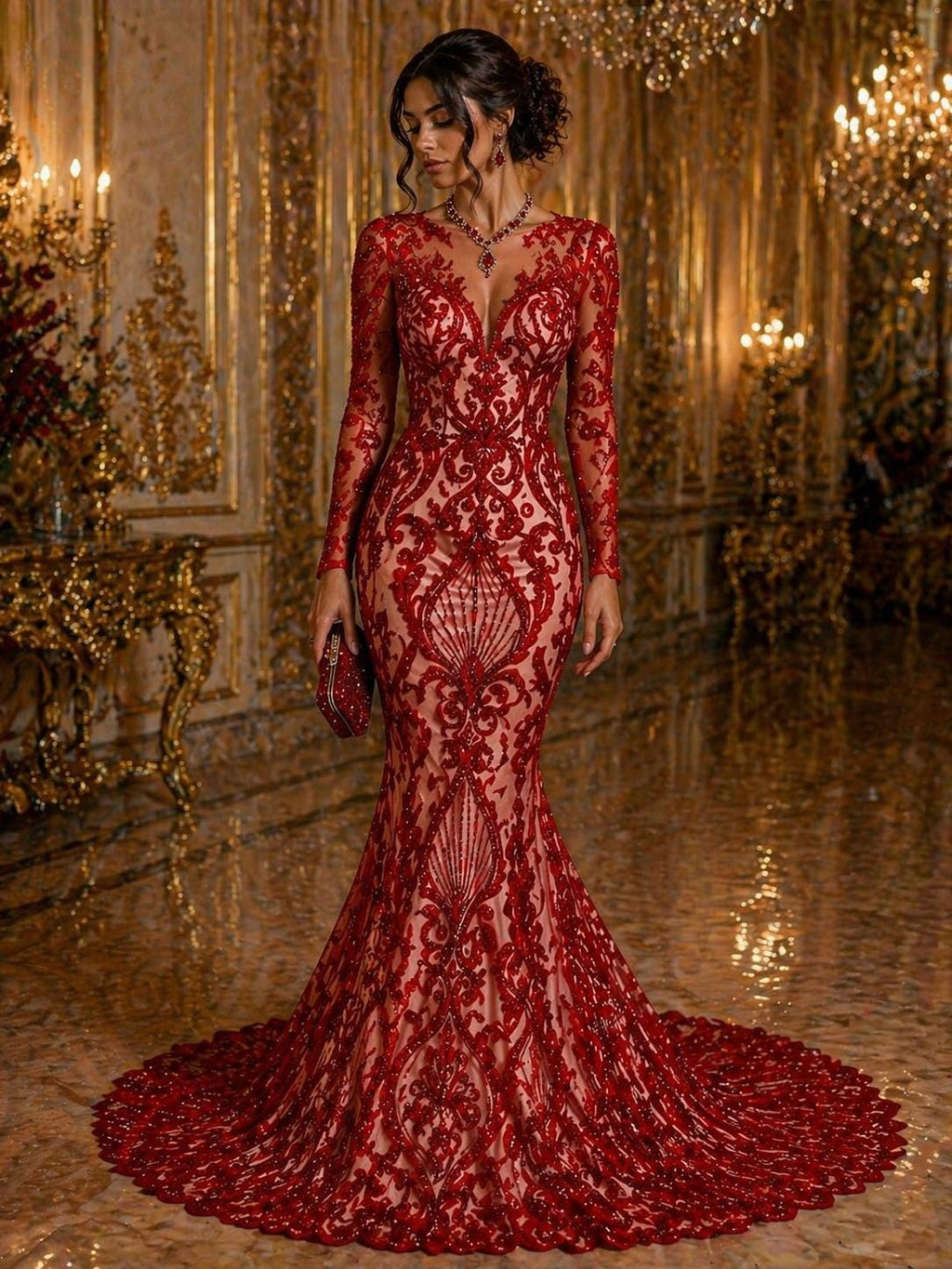 Luxury Heart Lace - Red - 3D Beaded Design with Embroidered Sequins and Beads On a Mesh Lace Fabric for Prom Dress By The Yard