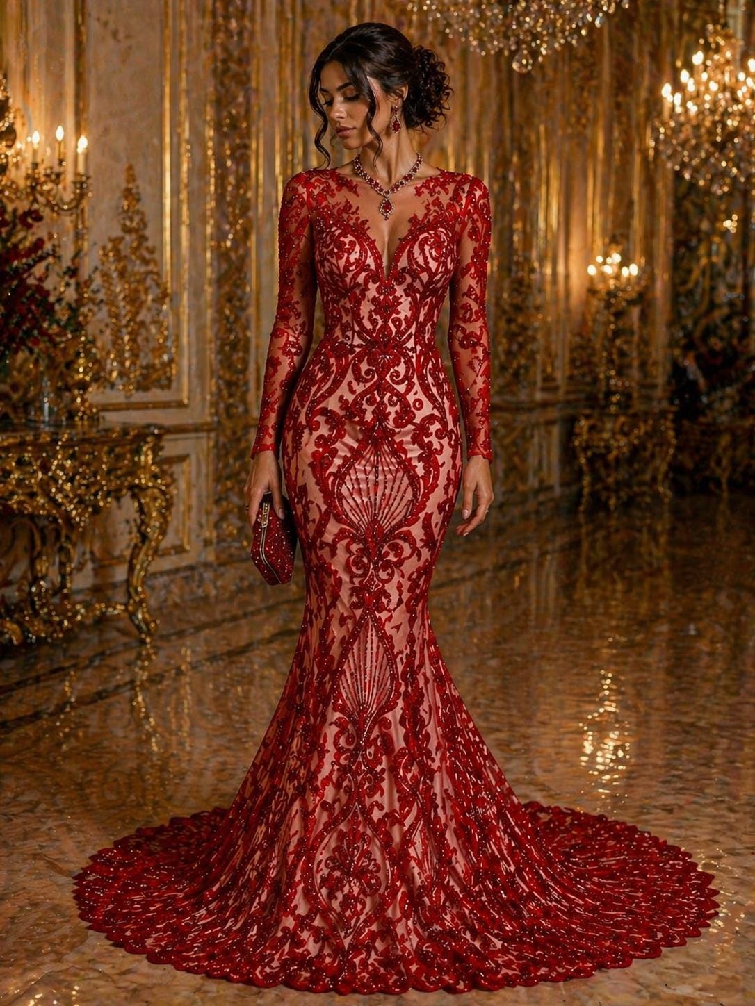 Luxury Heart Lace - Red - 3D Beaded Design with Embroidered Sequins and Beads On a Mesh Lace Fabric for Prom Dress By The Yard